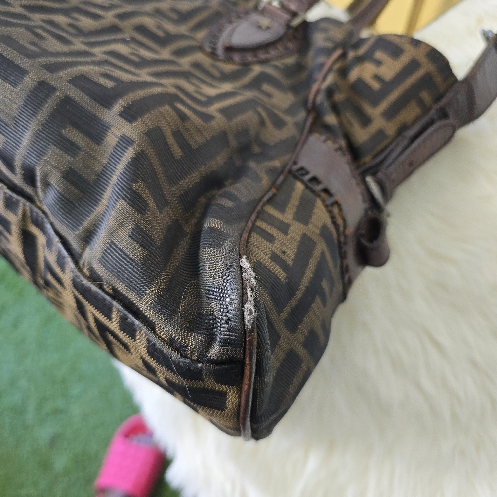 FENDI Zucca Etnico Handbag Tote Bag Nylon Canvas Leather Khaki Dark Brown - Picture 14 of 16
